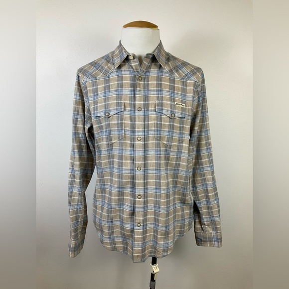 LUCKY BRAND Men’s M Tan Blue Plaid Shirt Western Yoke Pearl Snap Linen Cotton - Picture 1 of 7